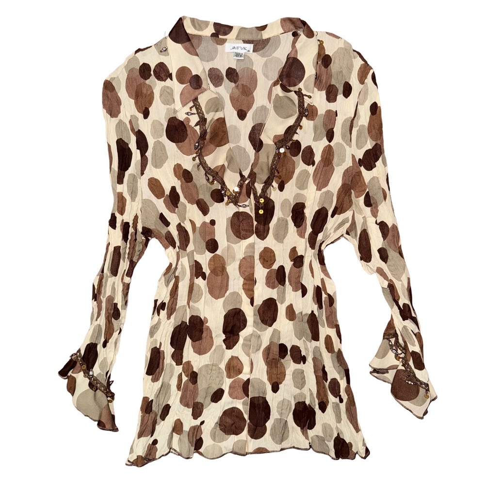 Jaipur Cream Brown Polka Dot Y2K Beaded Blouse Retro Twee